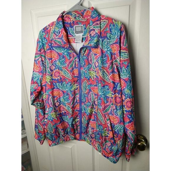 Sigrid Olsen Sport Woman M Jacket Bird Leaf Bright Design Fill Zip Pocket Lined - Picture 2 of 9